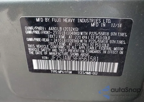 2015 Subaru Forester 2.5I Touring from USA, damaged, VIN JF2SJAWC9FH561581